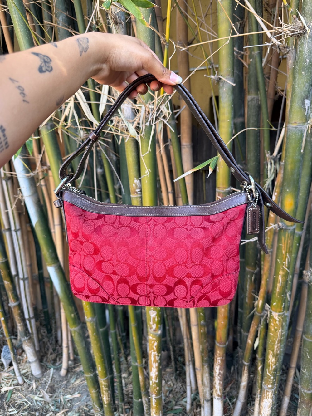 Coach Red Signature Jacquard Shoulder Bag with Brown Trim